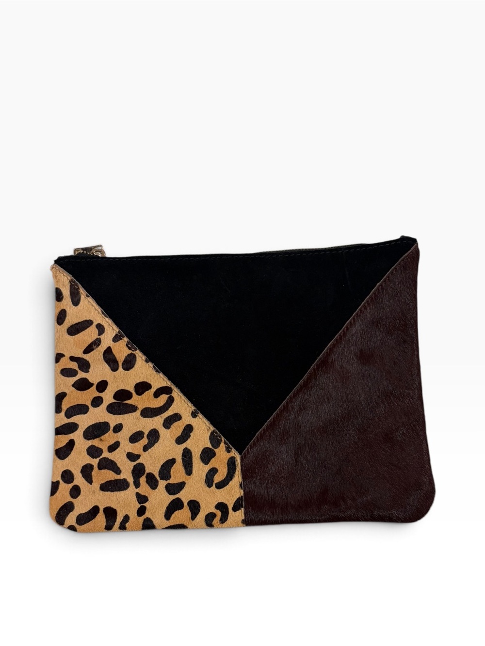Sole Society Leopard Patch Zip Clutch in Black and Bur